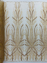 Palm Beaded Damask Design Beaded Lace Fabric - Damask Pattern With Palm Motifs, Beaded Embellishment, Sold By The Yard (1 Yard)