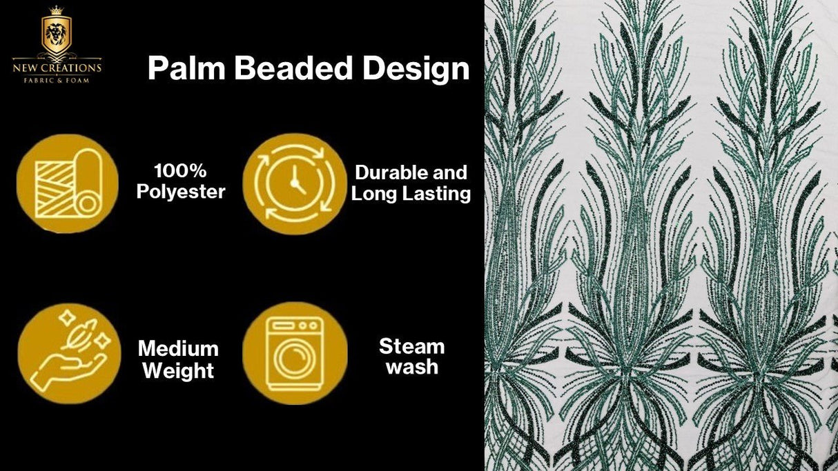 Palm Beaded Damask Design Beaded Lace Fabric - Damask Pattern With Palm Motifs, Beaded Embellishment, Sold By The Yard (1 Yard)