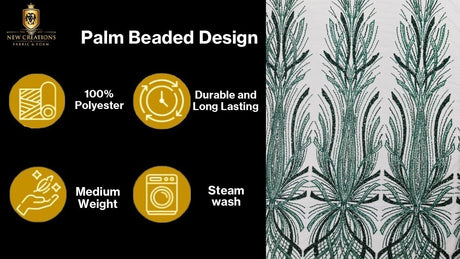 Palm Beaded Damask Design Beaded Lace Fabric - Damask Pattern With Palm Motifs, Beaded Embellishment, Sold By The Yard (1 Yard)