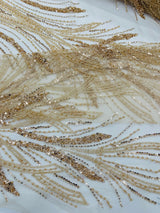 Palm Beaded Damask Design Beaded Lace Fabric - Damask Pattern With Palm Motifs, Beaded Embellishment, Sold By The Yard (1 Yard)