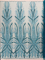 Palm Beaded Damask Design Beaded Lace Fabric - Damask Pattern With Palm Motifs, Beaded Embellishment, Sold By The Yard (1 Yard)
