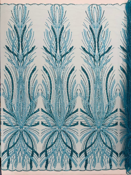 Palm Beaded Damask Design Beaded Lace Fabric - Damask Pattern With Palm Motifs, Beaded Embellishment, Sold By The Yard (1 Yard)