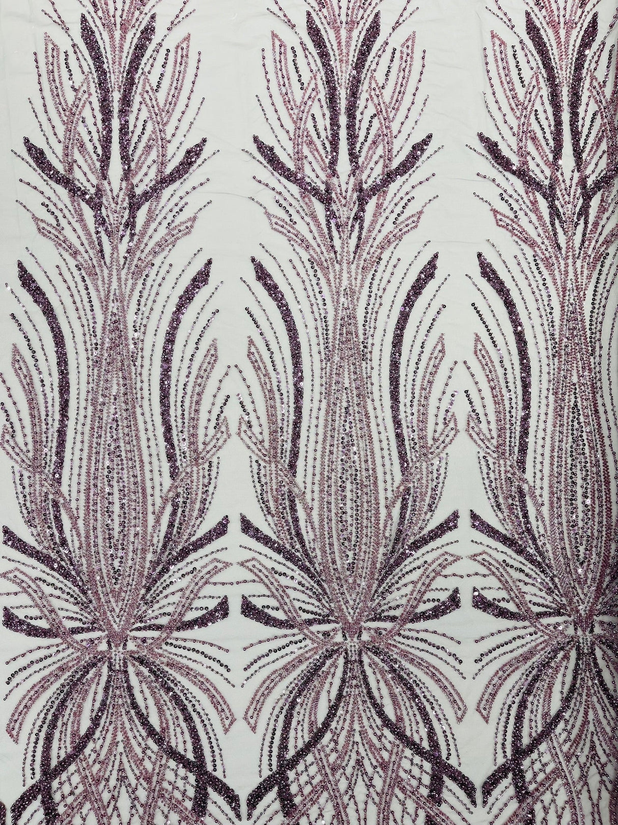 Palm Beaded Damask Design Beaded Lace Fabric - Damask Pattern With Palm Motifs, Beaded Embellishment, Sold By The Yard (1 Yard)
