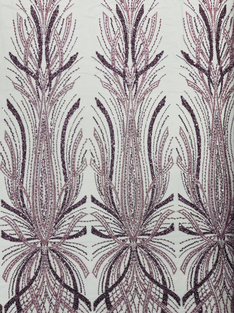 Palm Beaded Damask Design Beaded Lace Fabric - Damask Pattern With Palm Motifs, Beaded Embellishment, Sold By The Yard (1 Yard)