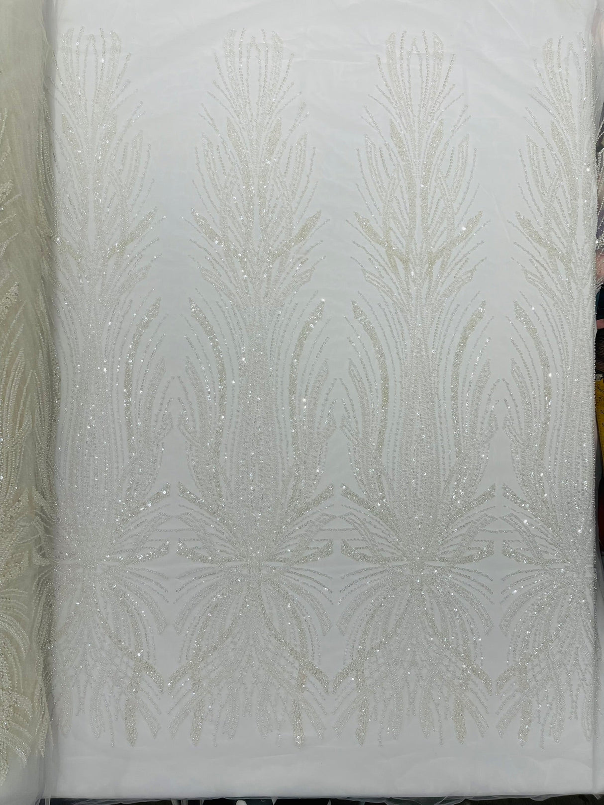 Palm Beaded Damask Design Beaded Lace Fabric - Damask Pattern With Palm Motifs, Beaded Embellishment, Sold By The Yard (1 Yard)