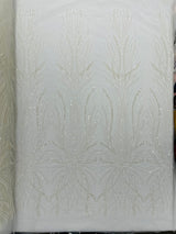 Palm Beaded Damask Design Beaded Lace Fabric - Damask Pattern With Palm Motifs, Beaded Embellishment, Sold By The Yard (1 Yard)