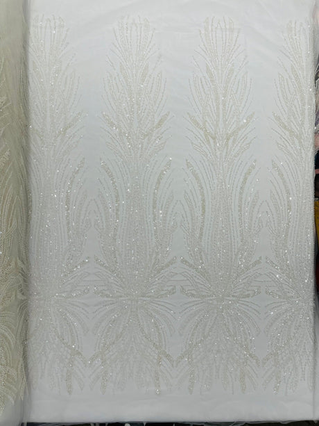 Palm Beaded Damask Design Beaded Lace Fabric - Damask Pattern With Palm Motifs, Beaded Embellishment, Sold By The Yard (1 Yard)