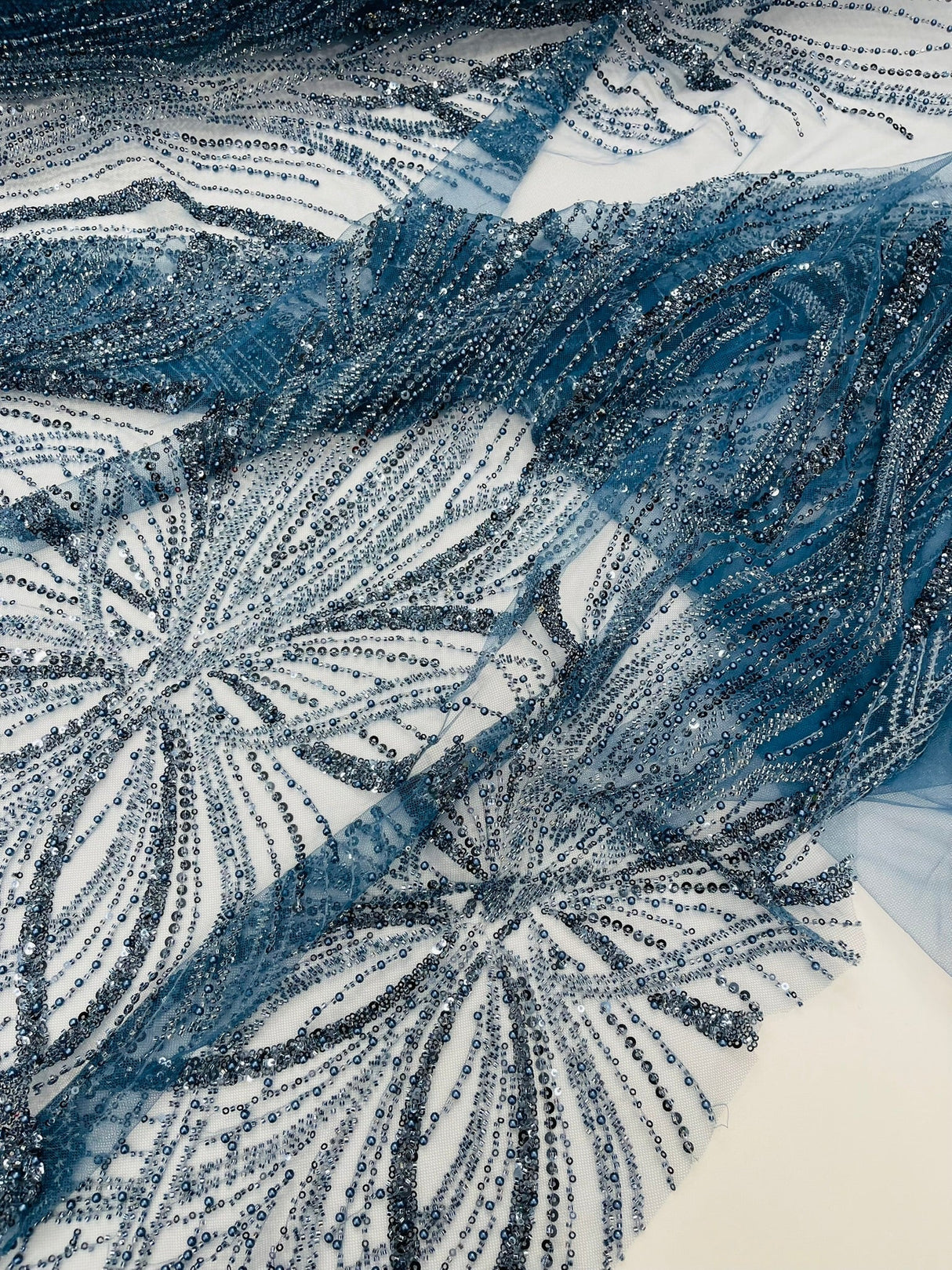 Palm Beaded Damask Design Beaded Lace Fabric - Damask Pattern With Palm Motifs, Beaded Embellishment, Sold By The Yard (1 Yard)