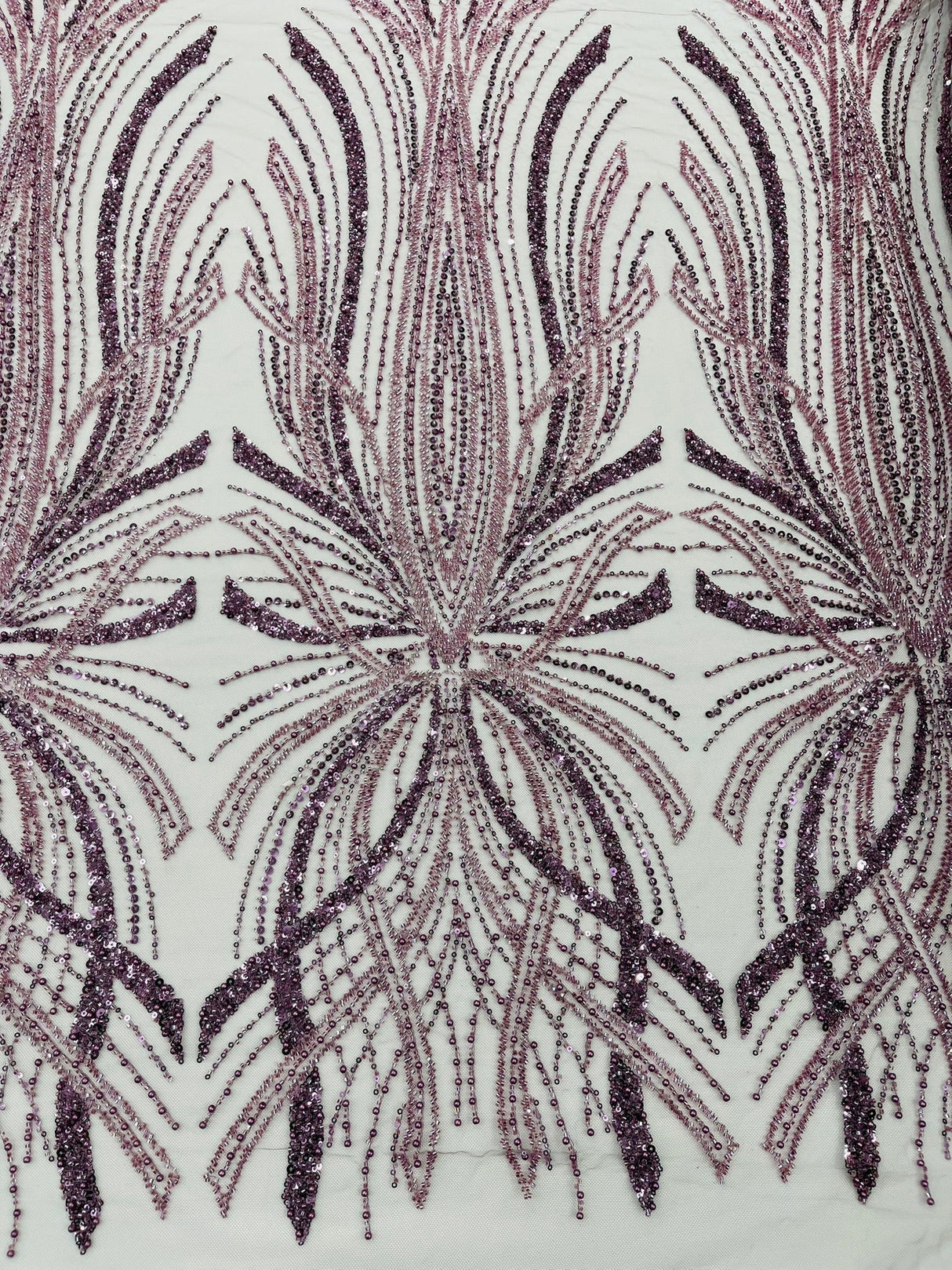 Palm Beaded Damask Design Beaded Lace Fabric - Damask Pattern With Palm Motifs, Beaded Embellishment, Sold By The Yard (1 Yard)