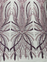 Palm Beaded Damask Design Beaded Lace Fabric - Damask Pattern With Palm Motifs, Beaded Embellishment, Sold By The Yard (1 Yard)