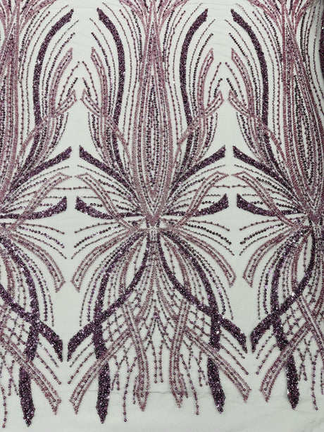 Palm Beaded Damask Design Beaded Lace Fabric - Damask Pattern With Palm Motifs, Beaded Embellishment, Sold By The Yard (1 Yard)