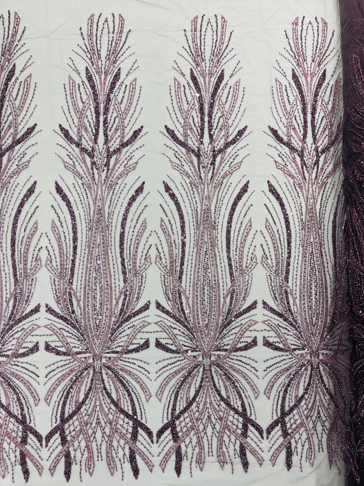 Palm Beaded Damask Design Beaded Lace Fabric - Damask Pattern With Palm Motifs, Beaded Embellishment, Sold By The Yard (1 Yard)