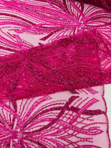 Palm Beaded Damask Design Beaded Lace Fabric - Damask Pattern With Palm Motifs, Beaded Embellishment, Sold By The Yard (1 Yard)