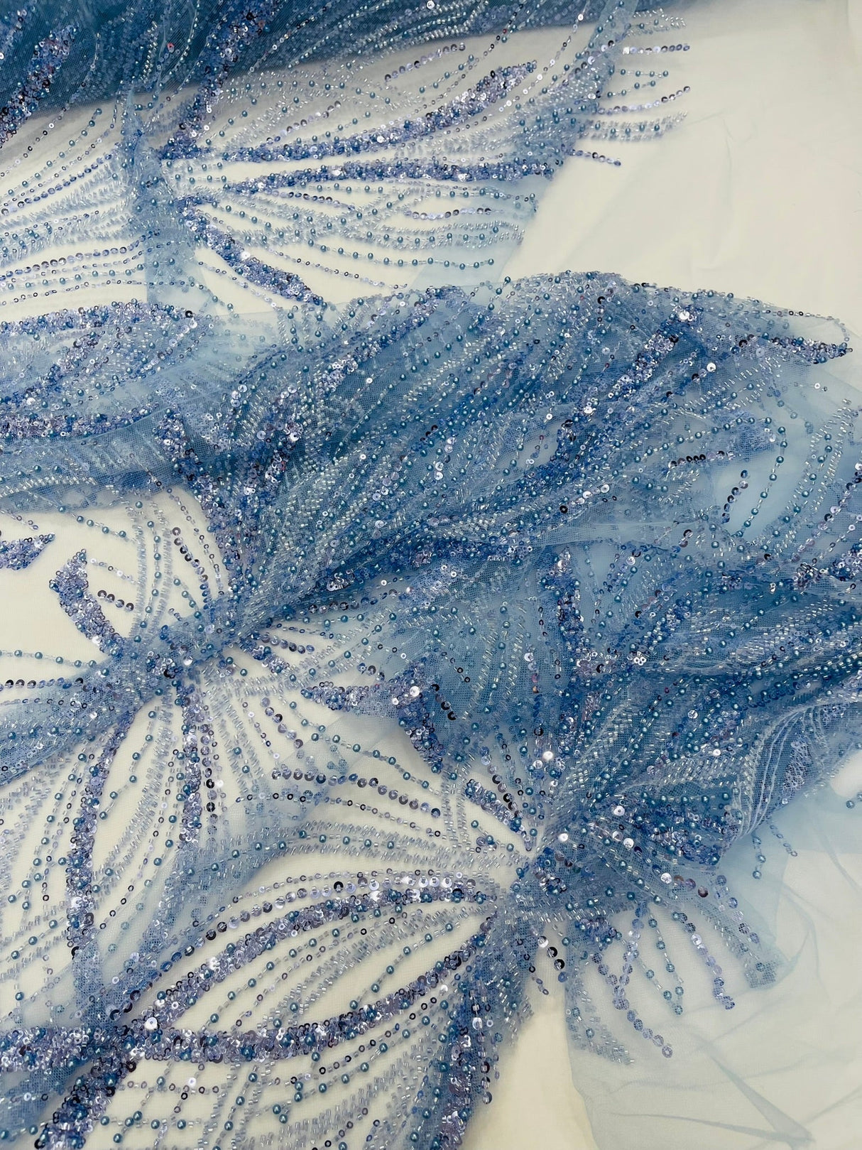 Palm Beaded Damask Design Beaded Lace Fabric - Damask Pattern With Palm Motifs, Beaded Embellishment, Sold By The Yard (1 Yard)