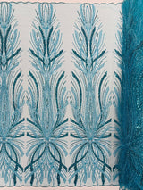 Palm Beaded Damask Design Beaded Lace Fabric - Damask Pattern With Palm Motifs, Beaded Embellishment, Sold By The Yard (1 Yard)
