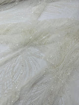 Palm Beaded Damask Design Beaded Lace Fabric - Damask Pattern With Palm Motifs, Beaded Embellishment, Sold By The Yard (1 Yard)