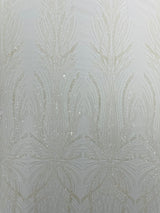Palm Beaded Damask Design Beaded Lace Fabric - Damask Pattern With Palm Motifs, Beaded Embellishment, Sold By The Yard (1 Yard)