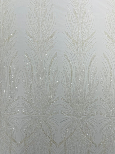 Palm Beaded Damask Design Beaded Lace Fabric - Damask Pattern With Palm Motifs, Beaded Embellishment, Sold By The Yard (1 Yard)
