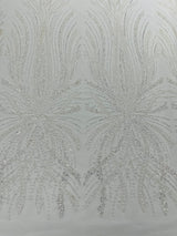 Palm Beaded Damask Design Beaded Lace Fabric - Damask Pattern With Palm Motifs, Beaded Embellishment, Sold By The Yard (1 Yard)