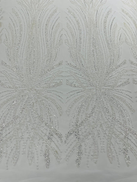 Palm Beaded Damask Design Beaded Lace Fabric - Damask Pattern With Palm Motifs, Beaded Embellishment, Sold By The Yard (1 Yard)