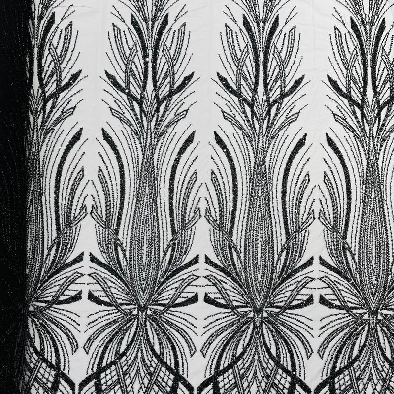 Palm Beaded Damask Design Beaded Lace Fabric - Damask Pattern With Palm Motifs, Beaded Embellishment, Sold By The Yard (1 Yard)