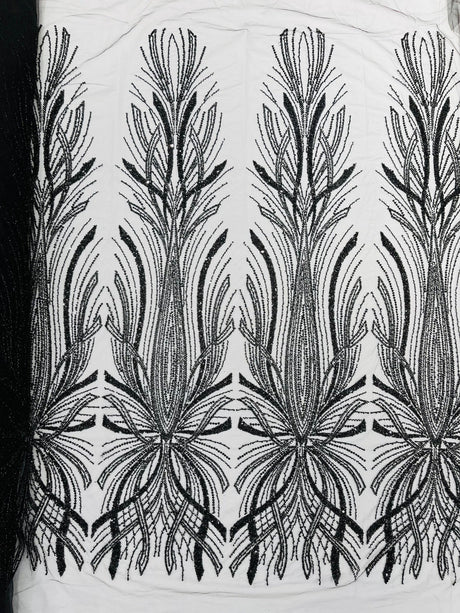 Palm Beaded Damask Design Beaded Lace Fabric - Damask Pattern With Palm Motifs, Beaded Embellishment, Sold By The Yard (1 Yard)