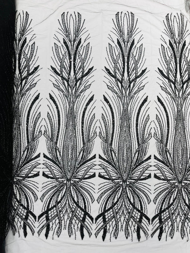 Palm Beaded Damask Design Beaded Lace Fabric - Damask Pattern With Palm Motifs, Beaded Embellishment, Sold By The Yard (1 Yard)