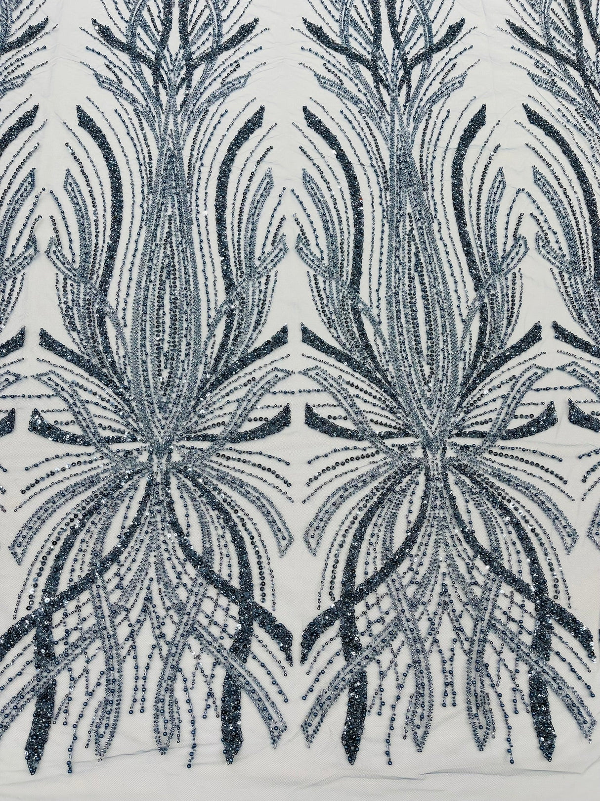 Palm Beaded Damask Design Beaded Lace Fabric - Damask Pattern With Palm Motifs, Beaded Embellishment, Sold By The Yard (1 Yard)