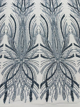 Palm Beaded Damask Design Beaded Lace Fabric - Damask Pattern With Palm Motifs, Beaded Embellishment, Sold By The Yard (1 Yard)