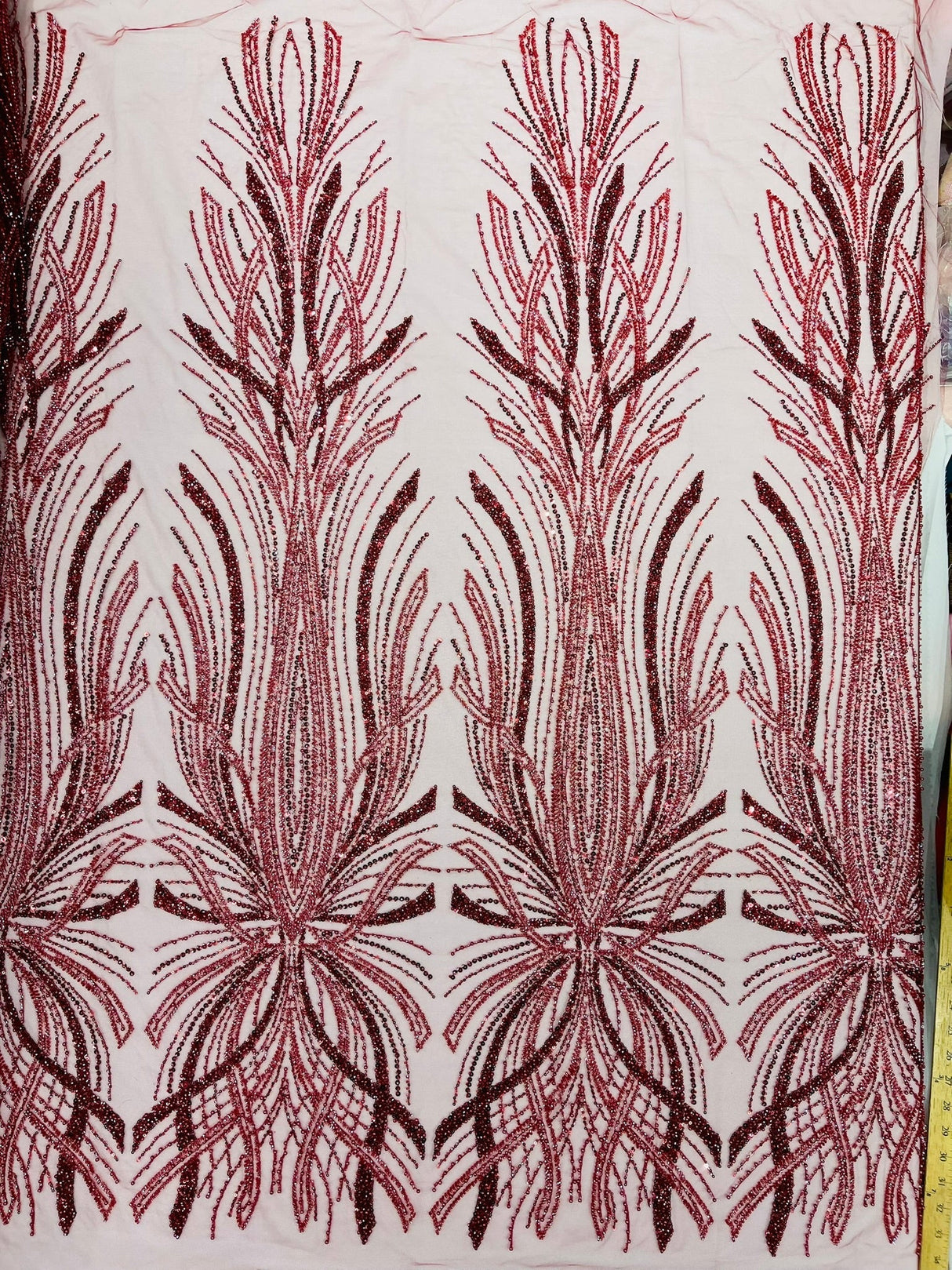 Palm Beaded Damask Design Beaded Lace Fabric - Damask Pattern With Palm Motifs, Beaded Embellishment, Sold By The Yard (1 Yard)