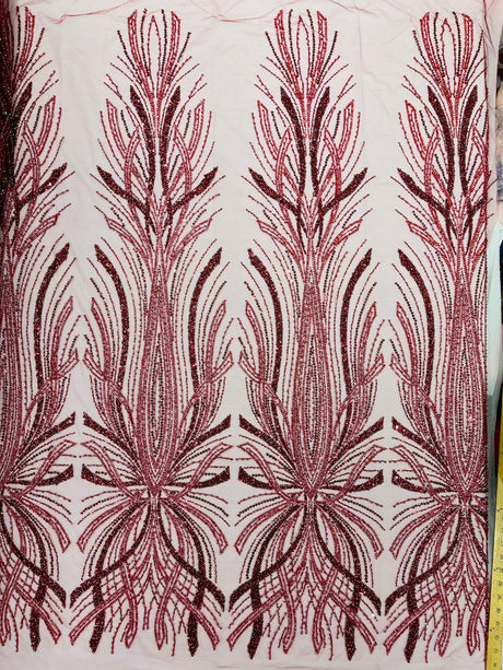 Palm Beaded Damask Design Beaded Lace Fabric - Damask Pattern With Palm Motifs, Beaded Embellishment, Sold By The Yard (1 Yard)
