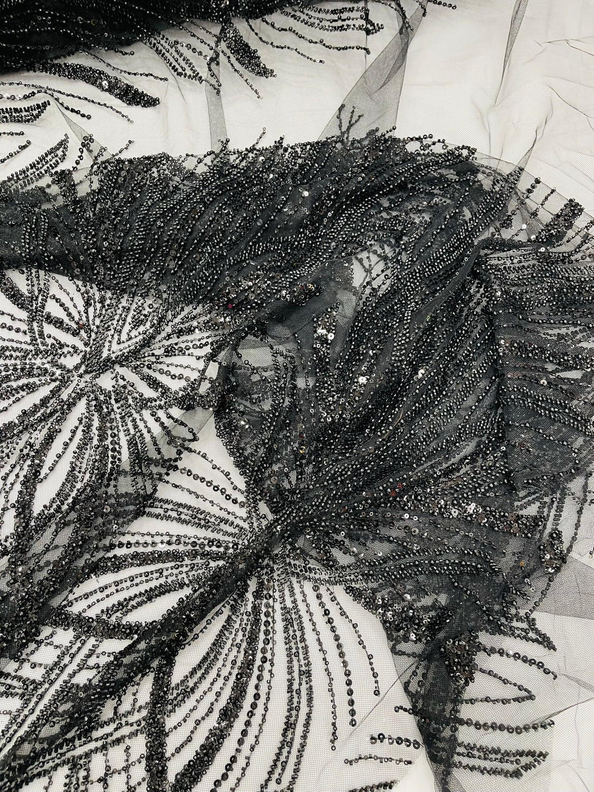 Palm Beaded Damask Design Beaded Lace Fabric - Damask Pattern With Palm Motifs, Beaded Embellishment, Sold By The Yard (1 Yard)