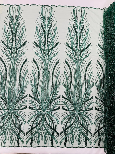 Palm Beaded Damask Design Beaded Lace Fabric - Damask Pattern With Palm Motifs, Beaded Embellishment, Sold By The Yard (1 Yard)