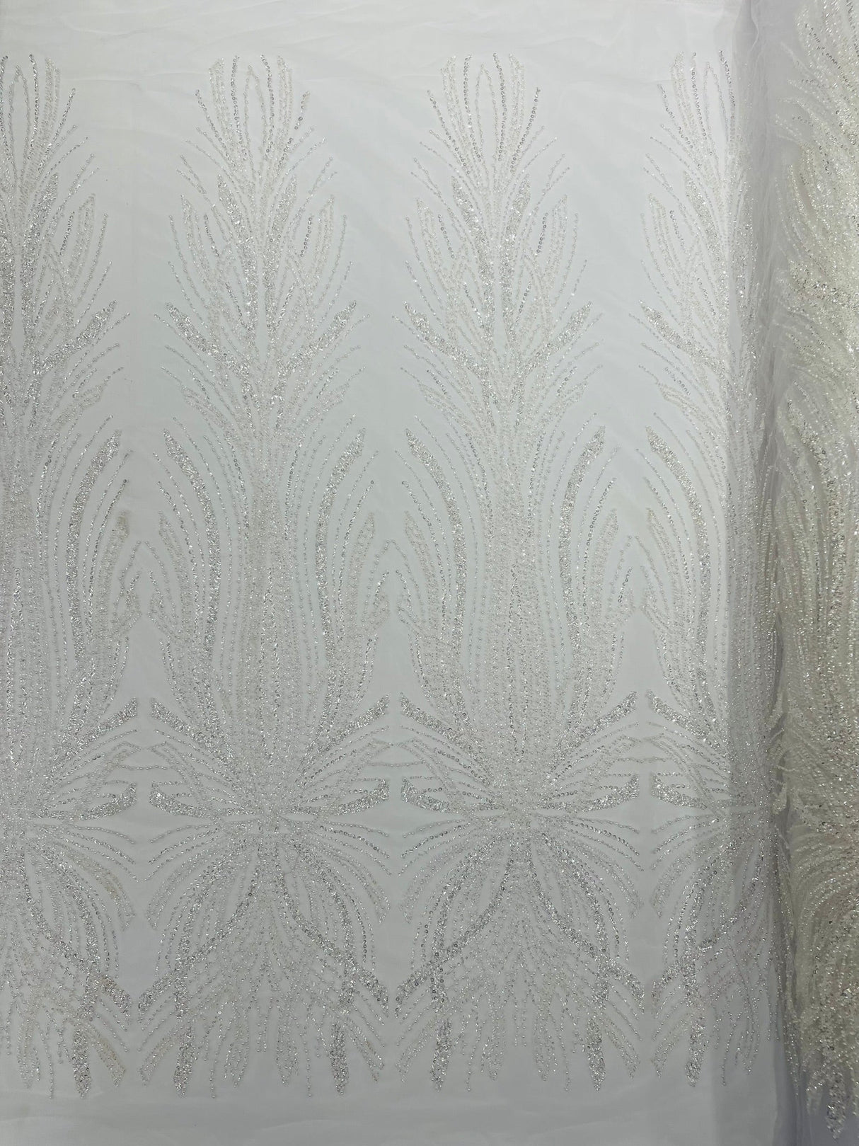 Palm Beaded Damask Design Beaded Lace Fabric - Damask Pattern With Palm Motifs, Beaded Embellishment, Sold By The Yard (1 Yard)