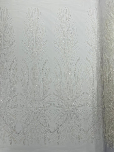 Palm Beaded Damask Design Beaded Lace Fabric - Damask Pattern With Palm Motifs, Beaded Embellishment, Sold By The Yard (1 Yard)