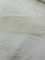 Palm Beaded Damask Design Beaded Lace Fabric - Damask Pattern With Palm Motifs, Beaded Embellishment, Sold By The Yard (1 Yard)