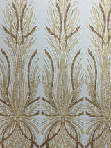 Palm Beaded Damask Design Beaded Lace Fabric - Damask Pattern With Palm Motifs, Beaded Embellishment, Sold By The Yard (1 Yard)
