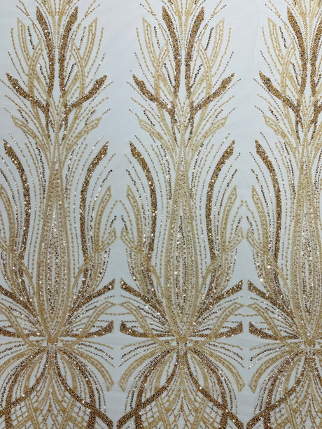 Palm Beaded Damask Design Beaded Lace Fabric - Damask Pattern With Palm Motifs, Beaded Embellishment, Sold By The Yard (1 Yard)