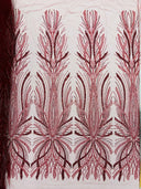 Palm Beaded Damask Design Beaded Lace Fabric - Damask Pattern With Palm Motifs, Beaded Embellishment, Sold By The Yard (1 Yard)