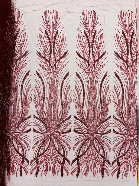 Palm Beaded Damask Design Beaded Lace Fabric - Damask Pattern With Palm Motifs, Beaded Embellishment, Sold By The Yard (1 Yard)