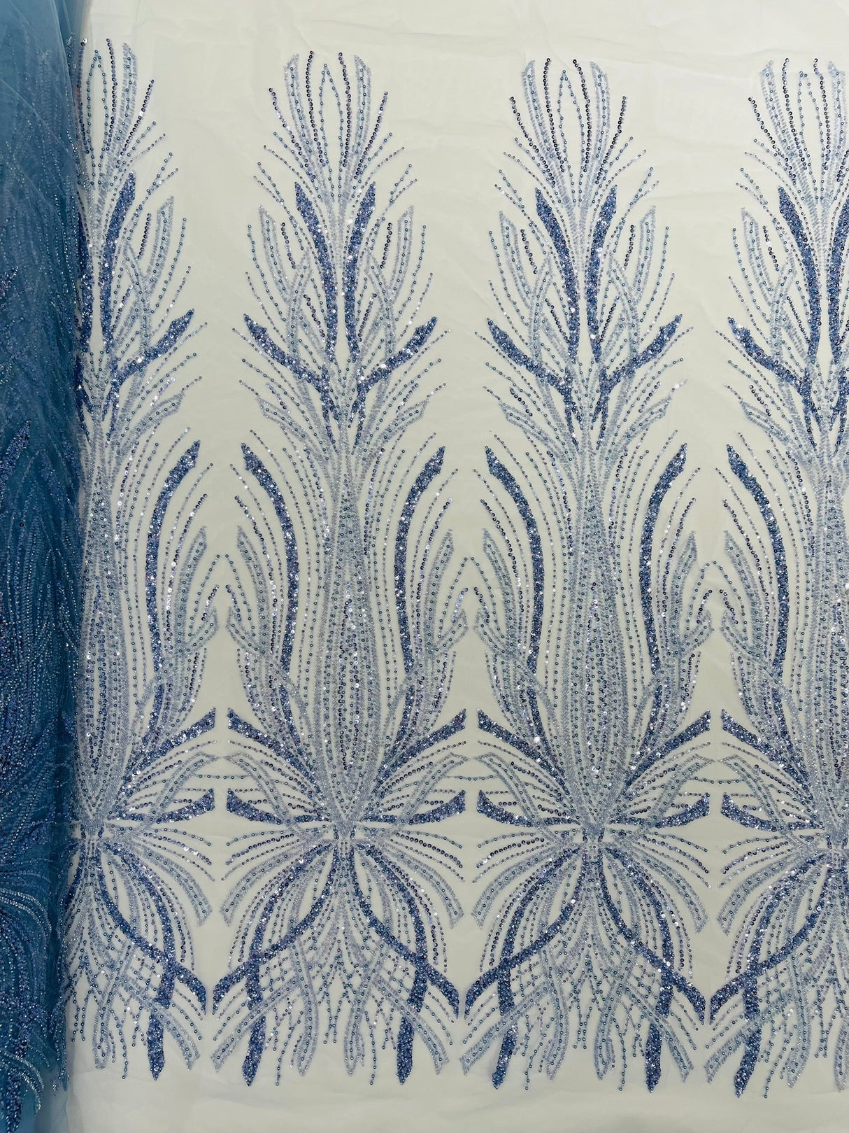 Palm Beaded Damask Design Beaded Lace Fabric - Damask Pattern With Palm Motifs, Beaded Embellishment, Sold By The Yard (1 Yard)