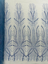 Palm Beaded Damask Design Beaded Lace Fabric - Damask Pattern With Palm Motifs, Beaded Embellishment, Sold By The Yard (1 Yard)