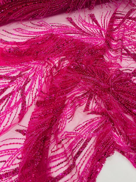 Palm Beaded Damask Design Beaded Lace Fabric - Damask Pattern With Palm Motifs, Beaded Embellishment, Sold By The Yard (1 Yard)