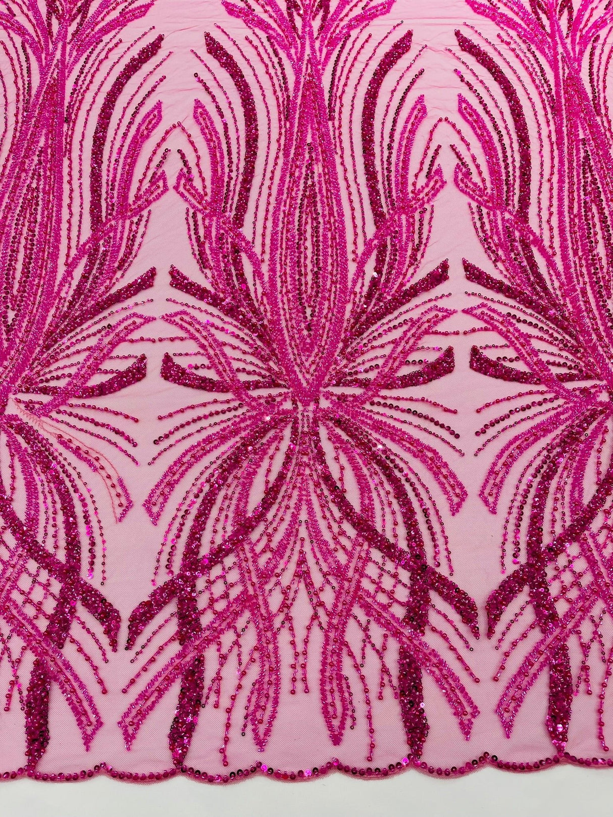 Palm Beaded Damask Design Beaded Lace Fabric - Damask Pattern With Palm Motifs, Beaded Embellishment, Sold By The Yard (1 Yard)