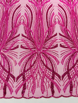 Palm Beaded Damask Design Beaded Lace Fabric - Damask Pattern With Palm Motifs, Beaded Embellishment, Sold By The Yard (1 Yard)