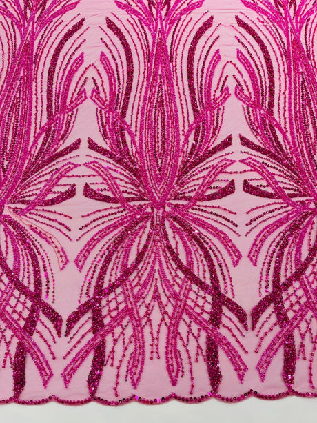 Palm Beaded Damask Design Beaded Lace Fabric - Damask Pattern With Palm Motifs, Beaded Embellishment, Sold By The Yard (1 Yard)