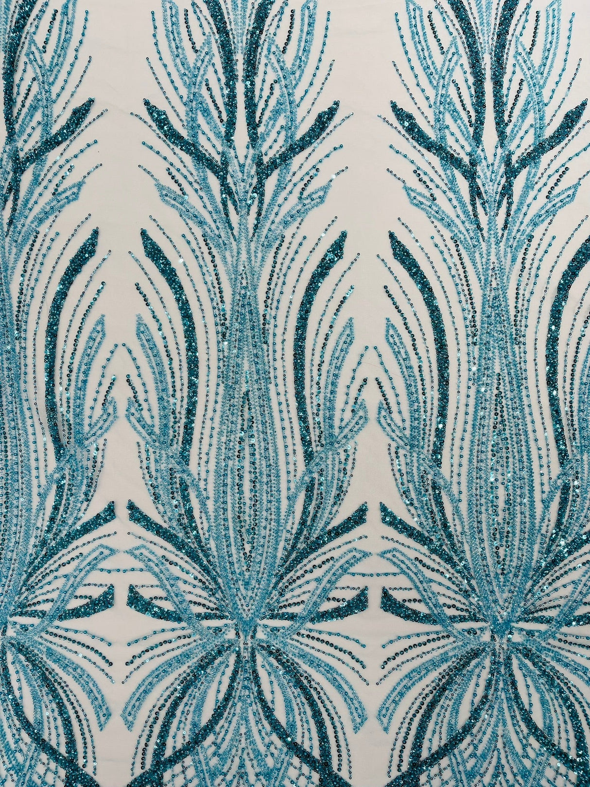 Palm Beaded Damask Design Beaded Lace Fabric - Damask Pattern With Palm Motifs, Beaded Embellishment, Sold By The Yard (1 Yard)