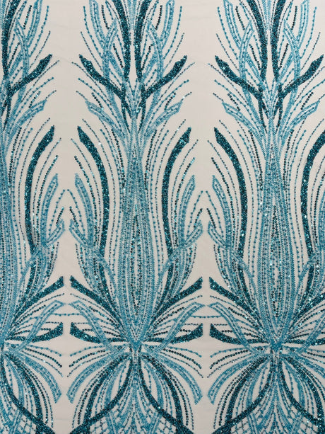 Palm Beaded Damask Design Beaded Lace Fabric - Damask Pattern With Palm Motifs, Beaded Embellishment, Sold By The Yard (1 Yard)