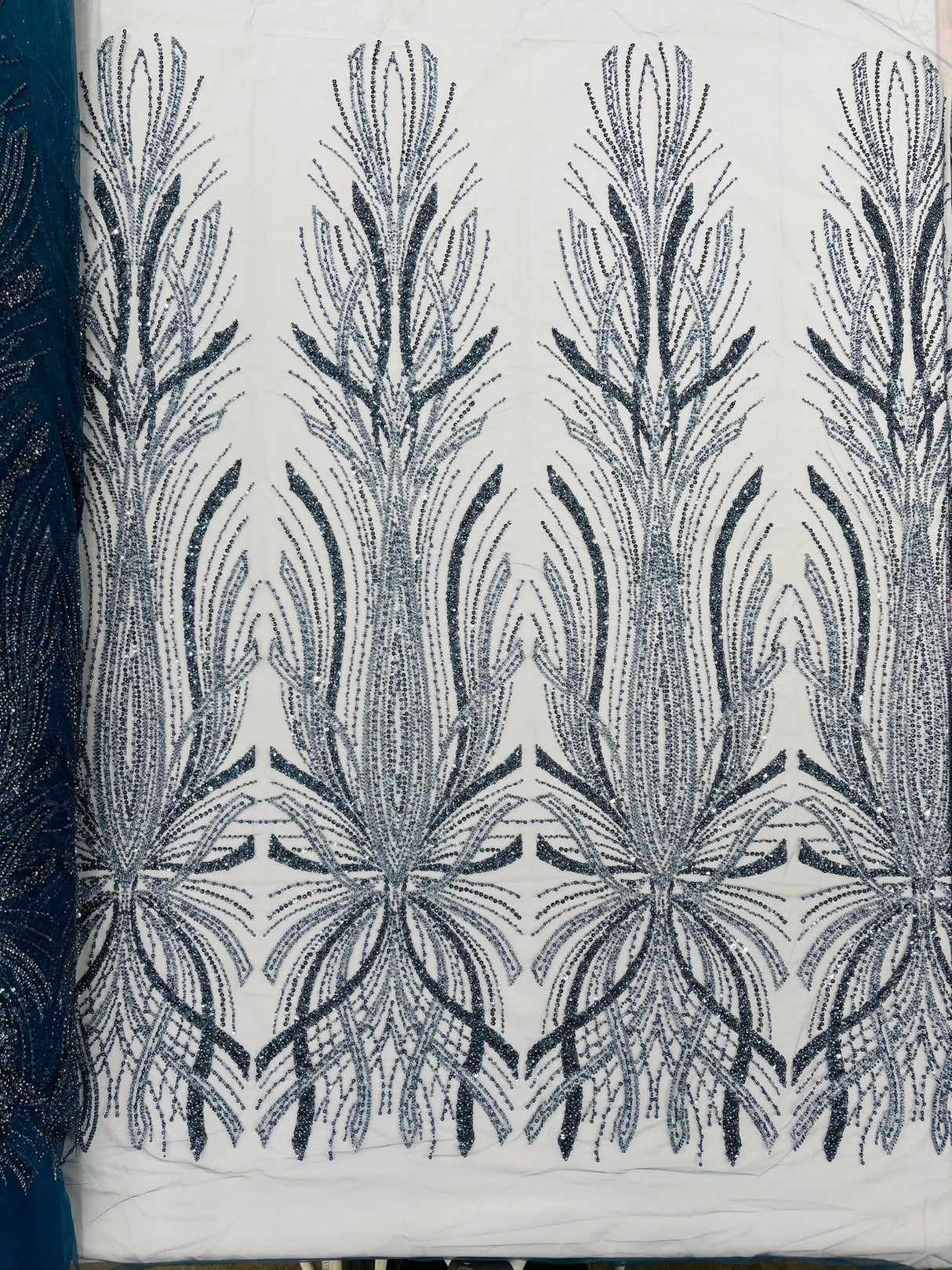 Palm Beaded Damask Design Beaded Lace Fabric - Damask Pattern With Palm Motifs, Beaded Embellishment, Sold By The Yard (1 Yard)
