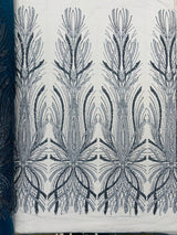 Palm Beaded Damask Design Beaded Lace Fabric - Damask Pattern With Palm Motifs, Beaded Embellishment, Sold By The Yard (1 Yard)